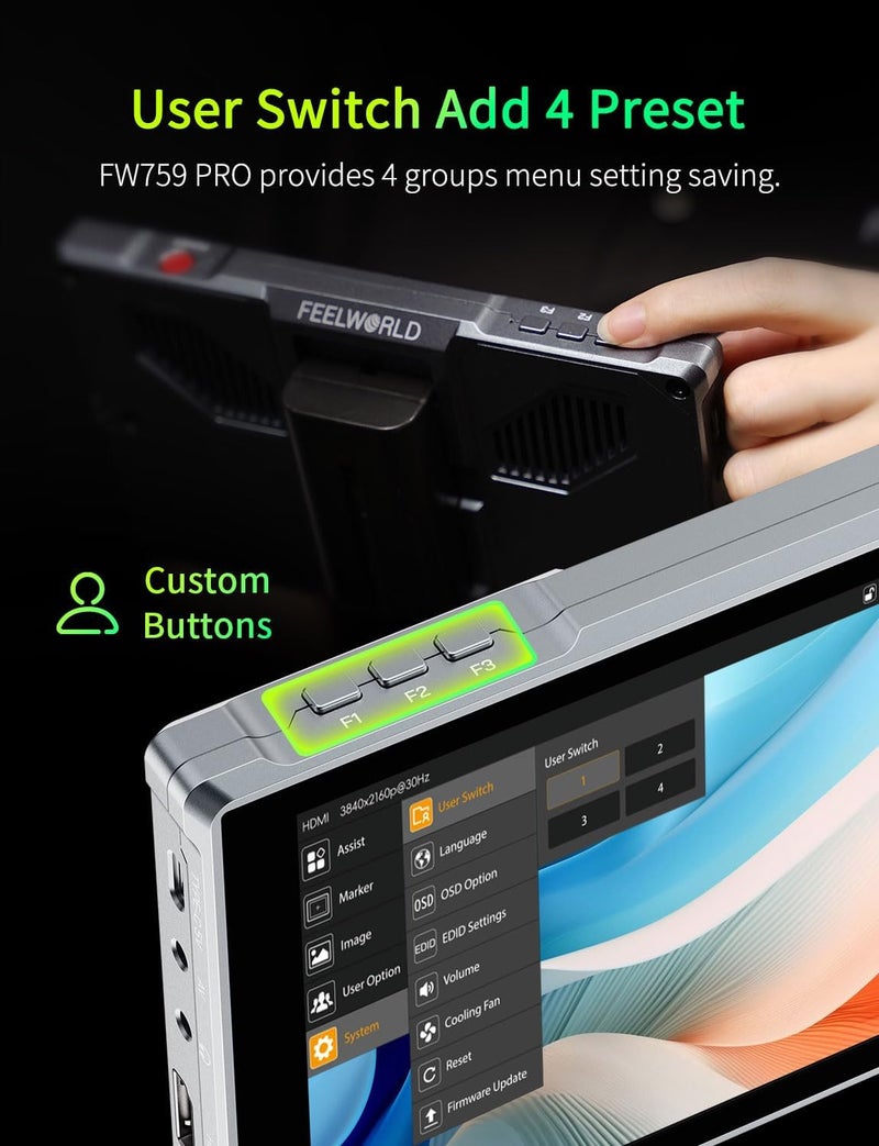 Feelworld FW759PRO 7 Inch Touchscreen Camera Monitor 4K HDMI Video Field Monitor with F550 Battery for DSLR 400nit HD 1280x800 Waveform Monitoring - Image 5